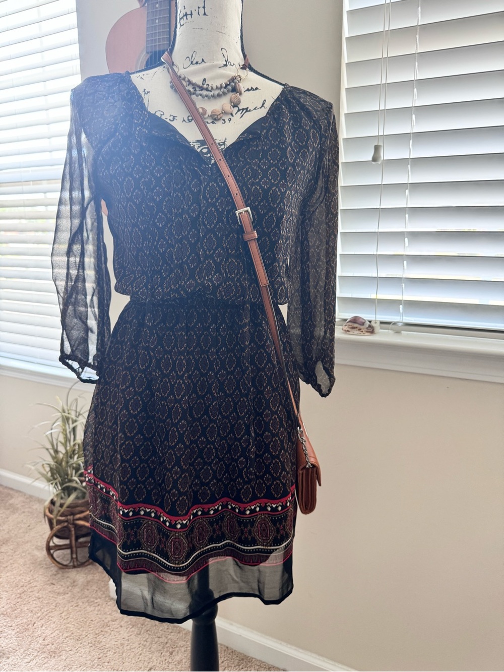Sheer lined Black Patterned V-neck Waist-Defined Women's Dress